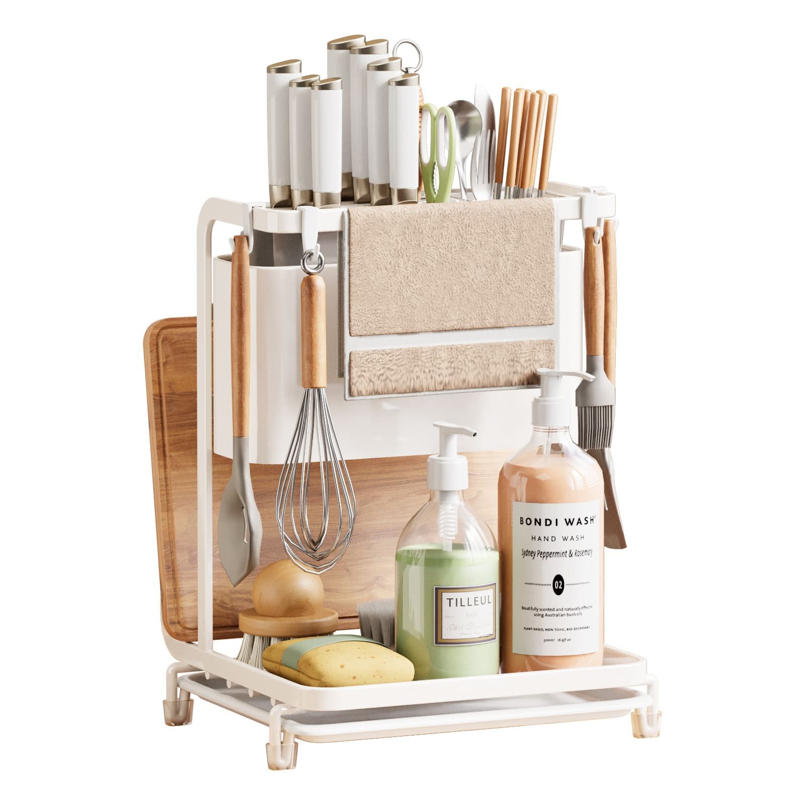 multifunctional kitchen countertop organizer with knife holder, utensil rack, cutting board holder and towel bar