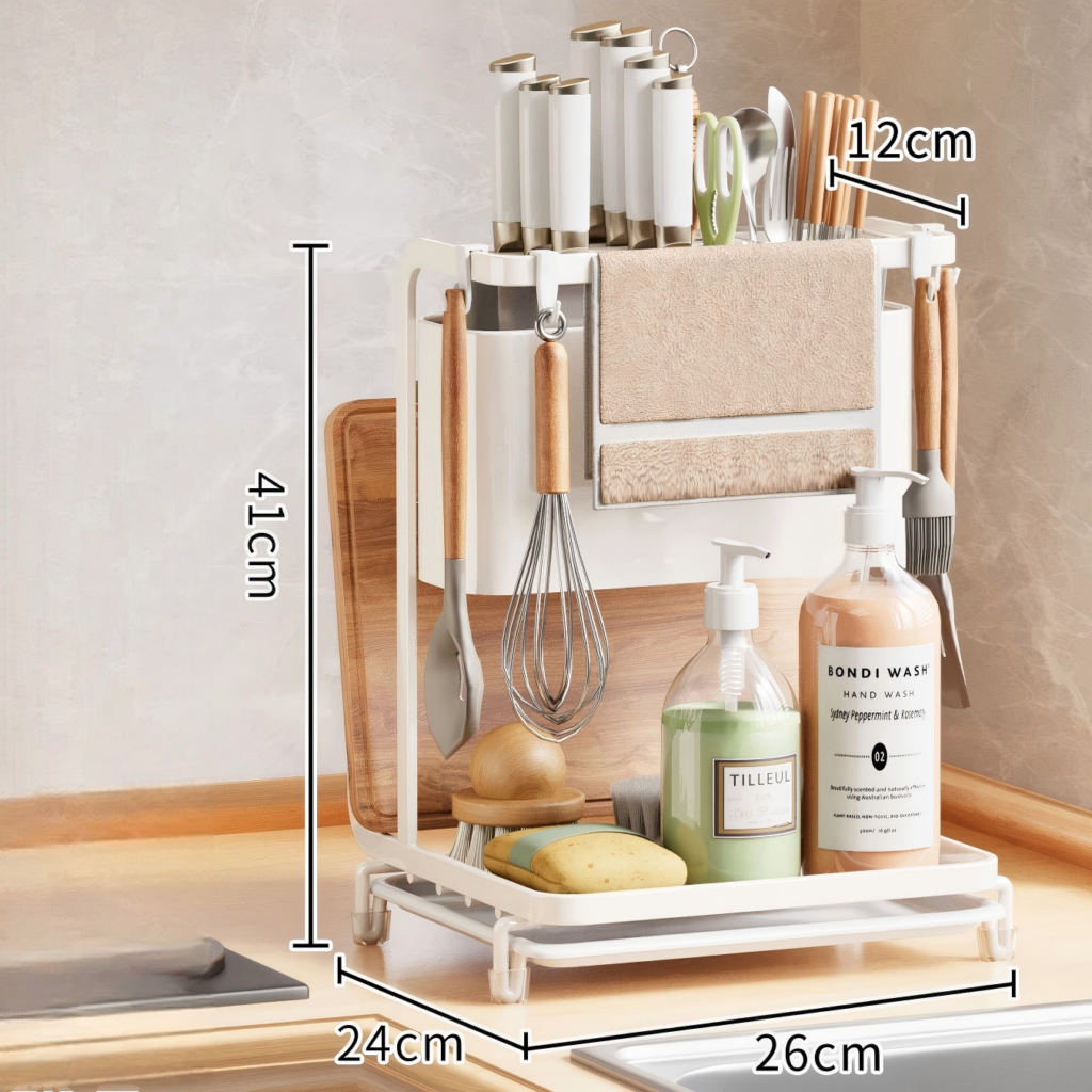 Multifunctional kitchen countertop organizer with knife holder, utensil compartments, cutting board rack, towel bar and storage shelf. OEM and wholesale kitchen storage organizer available.