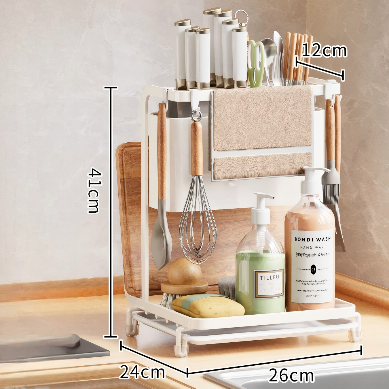 Multifunctional kitchen countertop organizer with knife holder, utensil compartments, cutting board rack, towel bar and storage shelf. OEM and wholesale kitchen storage organizer available.
