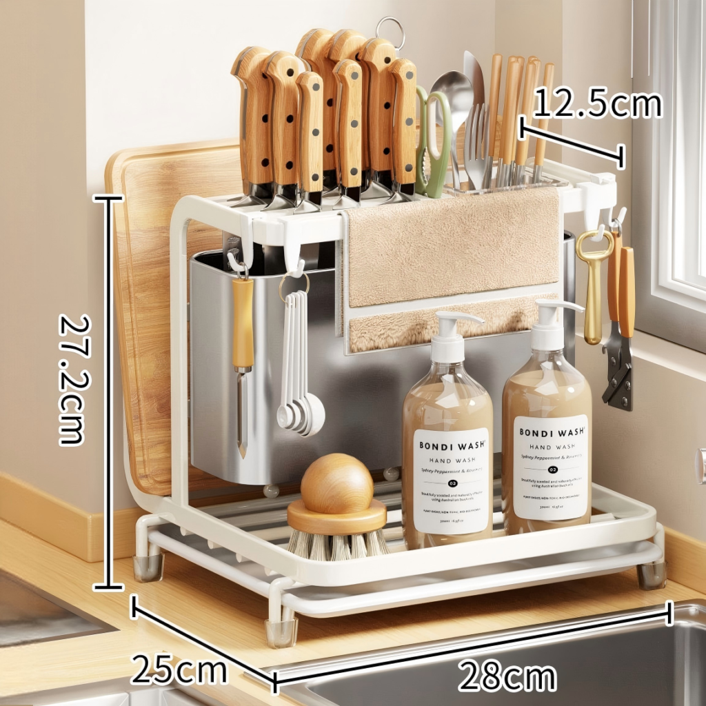 Multifunctional kitchen countertop organizer with knife holder, utensil compartments, cutting board rack, towel bar and storage shelf. OEM and wholesale kitchen storage organizer available.