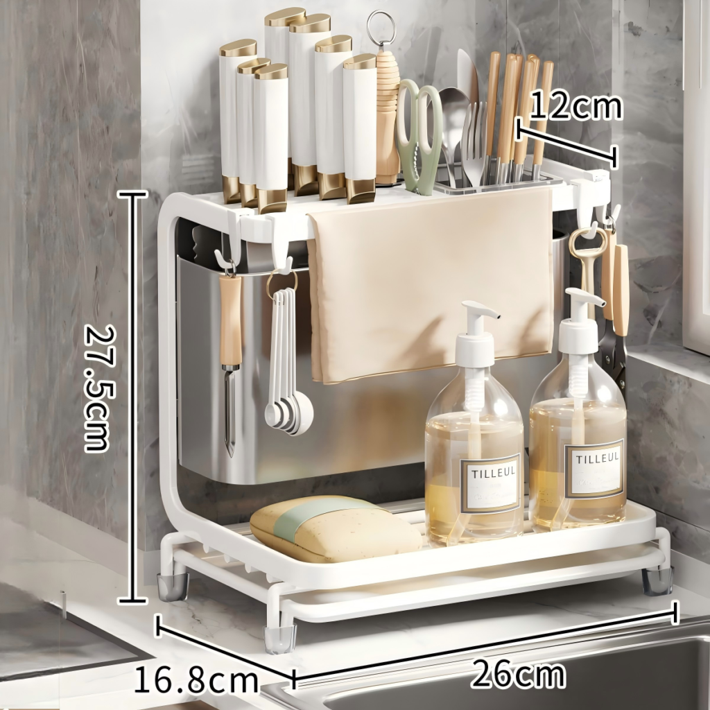 Multifunctional kitchen countertop organizer with knife holder, utensil compartments, cutting board rack, towel bar and storage shelf. OEM and wholesale kitchen storage organizer available.