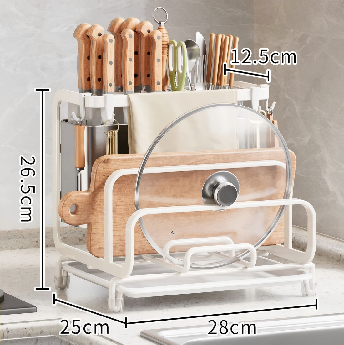 Multifunctional kitchen countertop organizer with knife holder, utensil compartments, cutting board rack, towel bar and storage shelf. OEM and wholesale kitchen storage organizer available.