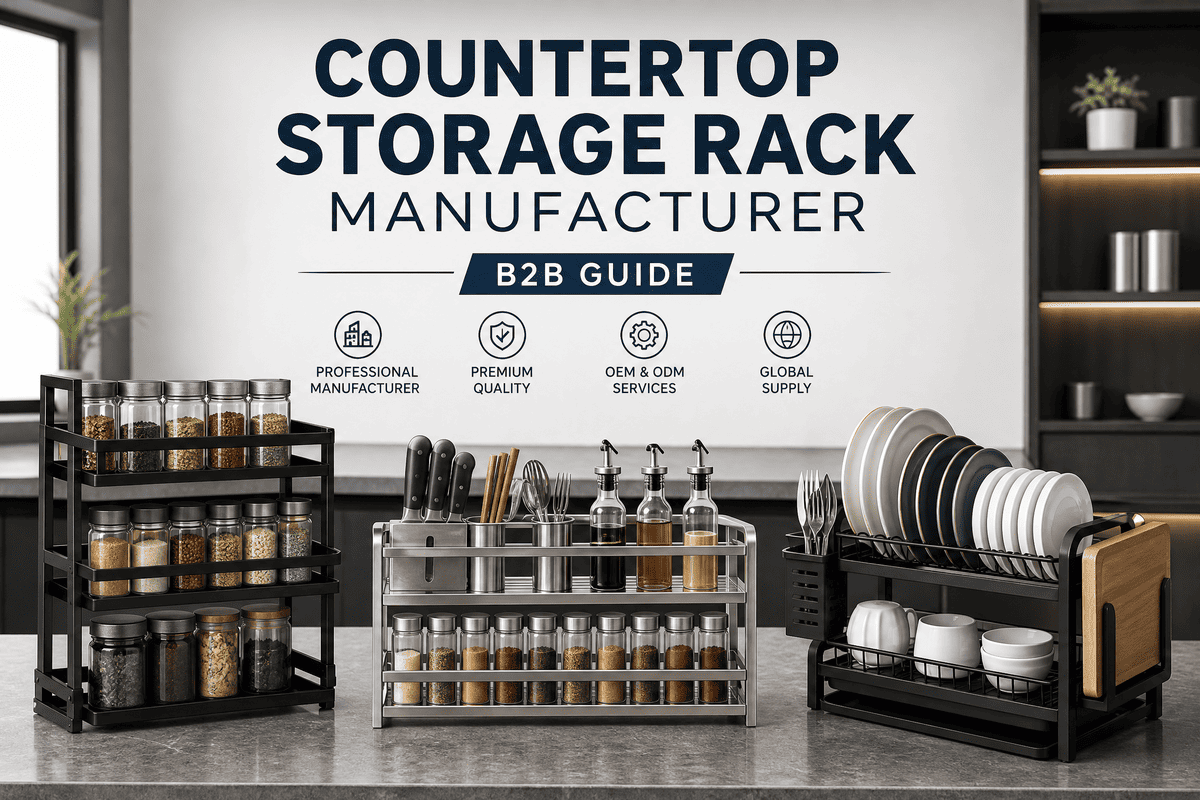 Countertop storage rack product lineup showing multiple finishes