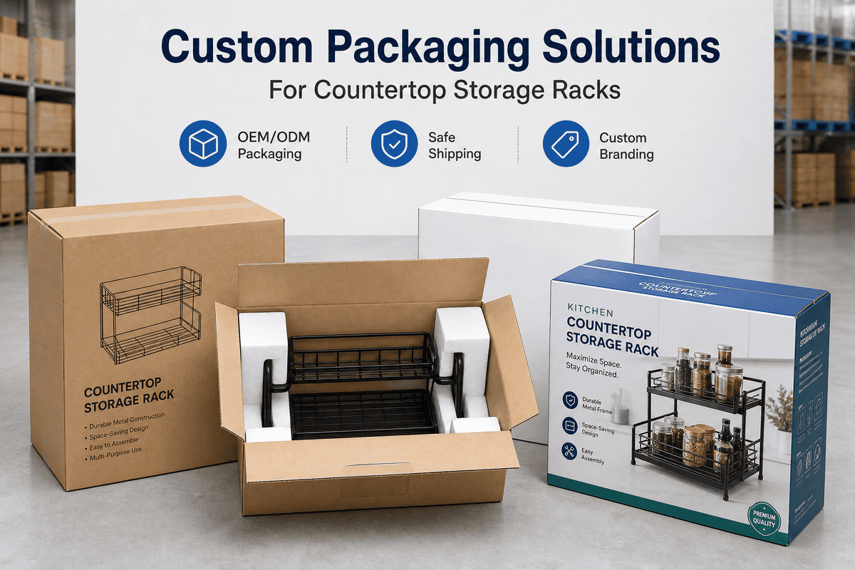 E-commerce packaging example for kitchen storage rack with custom label and gift box