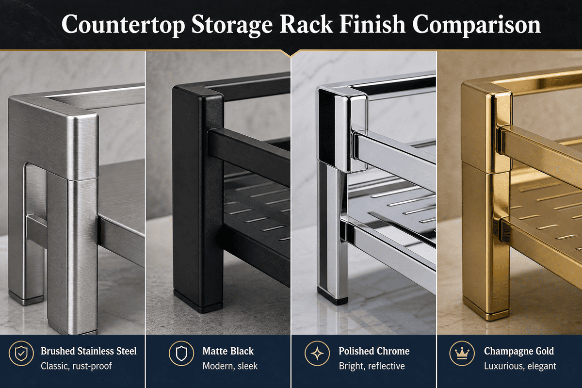 Side-by-side comparison of storage rack finishes including matte black and cream white
