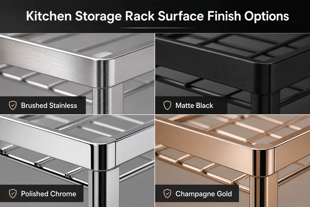 Surface finish swatches for kitchen hardware including matte black gunmetal and satin nickel